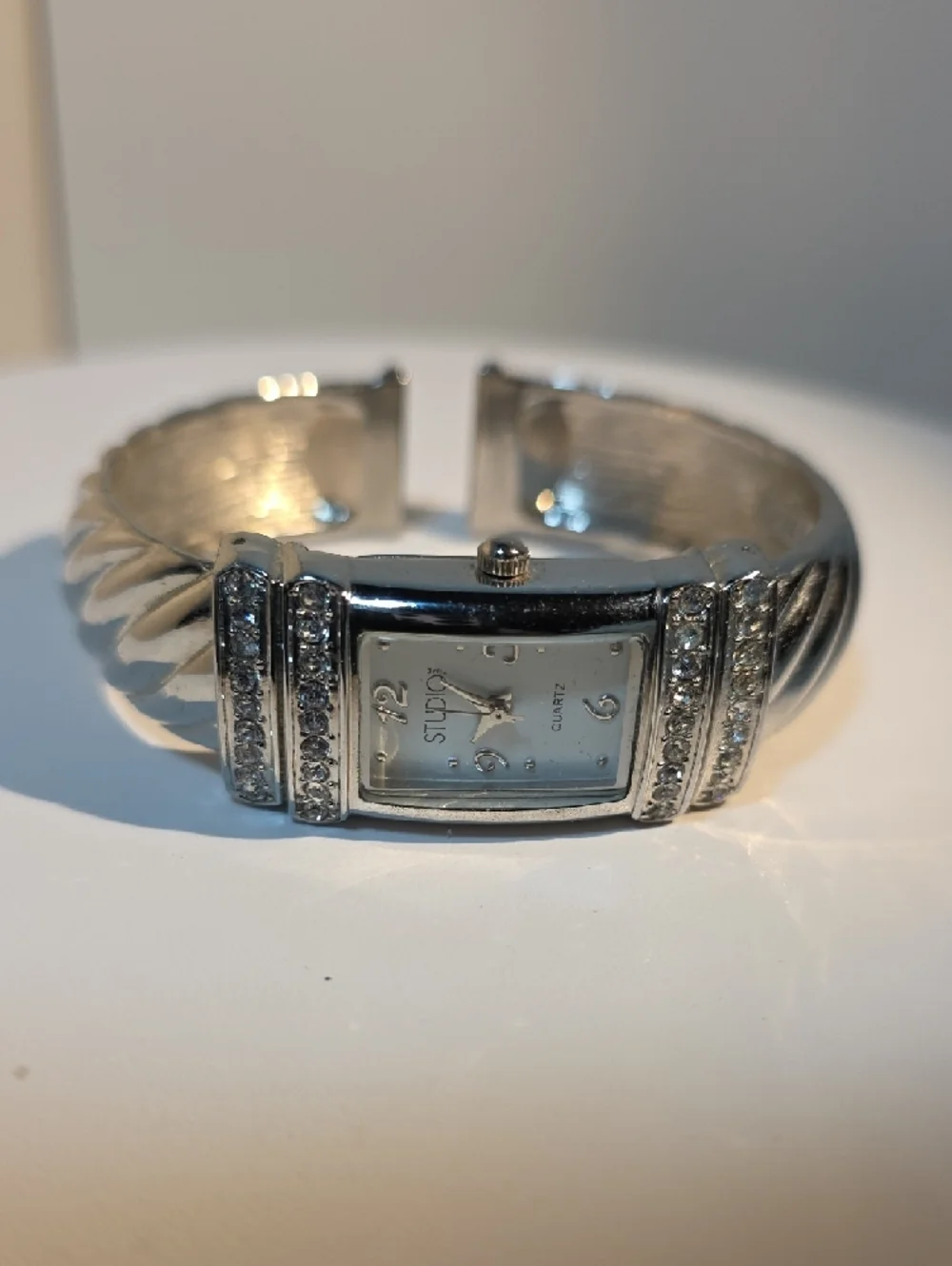 Studio Silver Crystal-Accent Twisted Bangle Watch